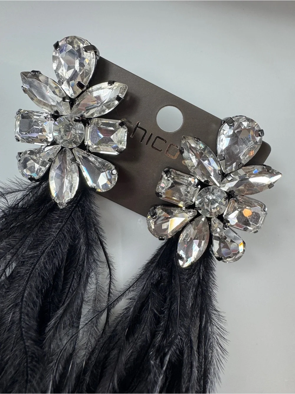 Chico's Crystal Flower Earrings with Black Feathers
